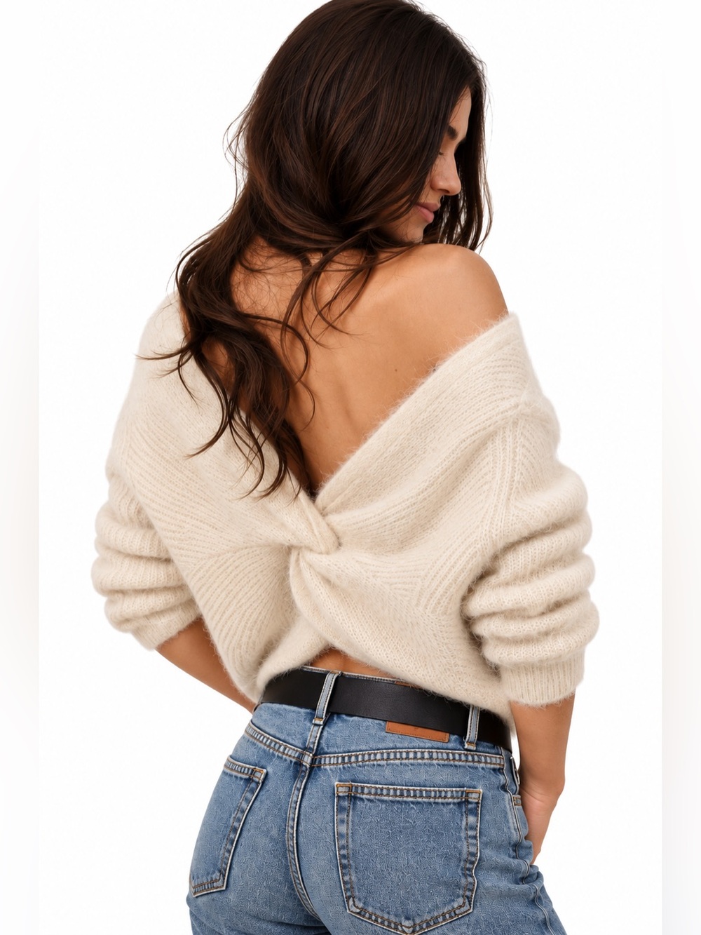 ba&sh Cream Ecru Fill Sweater Fuzzy Mohair Blend Twist Open Back Pullover size 2